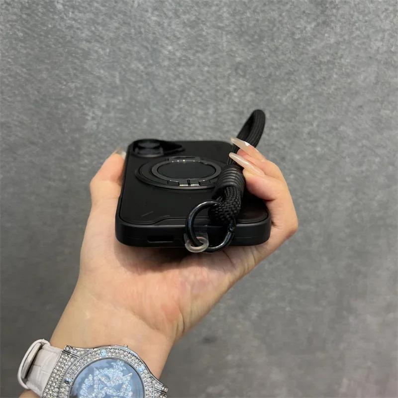 New Armor For Magsafe Magnetic Ring Stand Phone Case For iPhone 16 15 14 13 12 11 Pro Max With Wrist Strap Cord Shockproof Cover