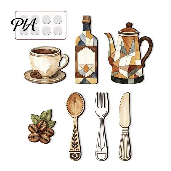 Removable Wall Decals 7Pcs Farmhouse Coffee Themed Wooden Decor, 2D Flat Kitchen Art Rustic Decor Plaques, Retro Ornaments for Home Dining Room