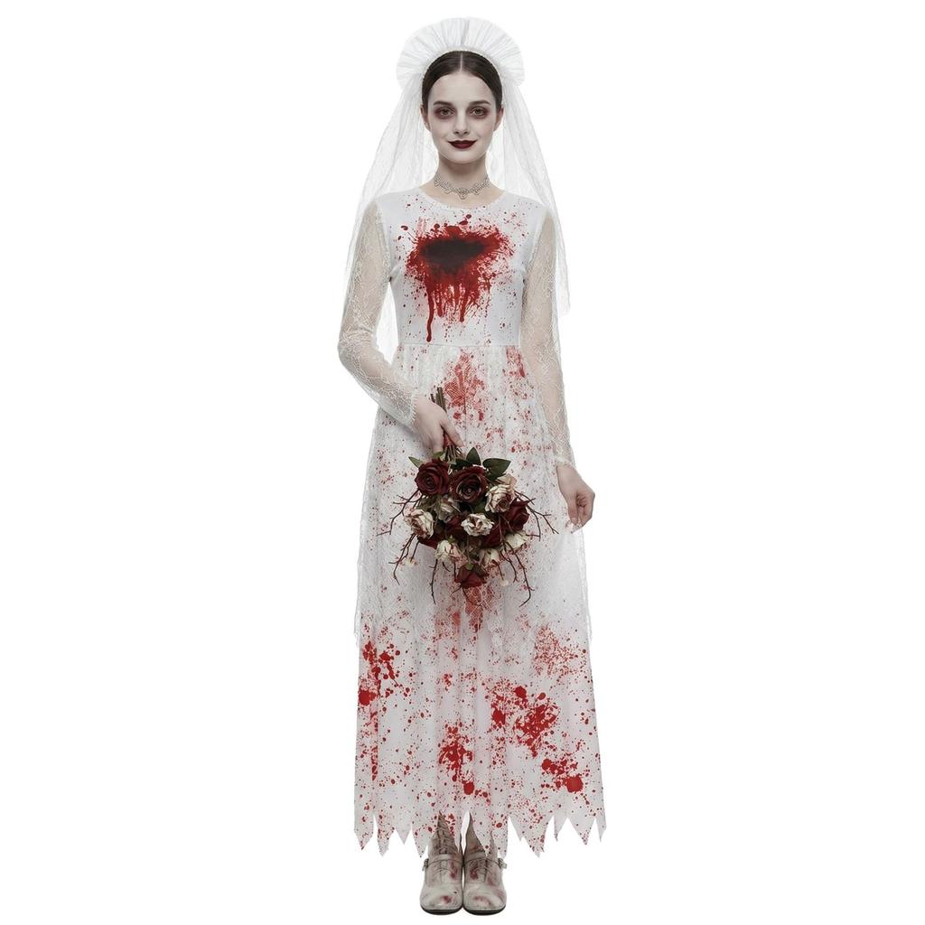 Women Zombie Bride Costume Dress Ghost Bride Halloween Outfit Polyester Horror Wedding Style Cosplay Party for Adults