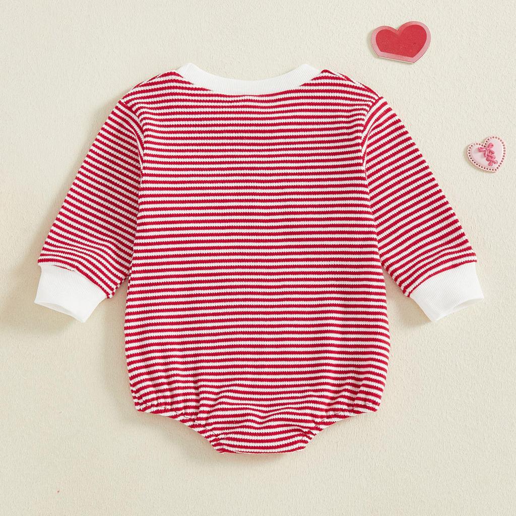 Valentinstag Baby Mädchen Strampler - Schleife & Stickerei, Langarm Gestreifter Waffelanzug