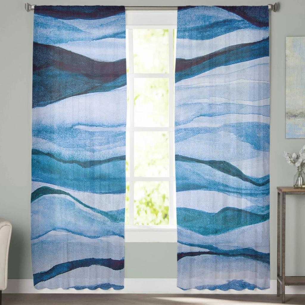 Abstrakte Blaue Aquarellfarbe Transparente Vorhänge für Wohnzimmer Schlafzimmer Heimdekoration Küche Tüll für Fenster Voile-Drapierungen