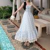 (Exclusive) New French sweet small flying sleeve floral dress women's summer new square collar