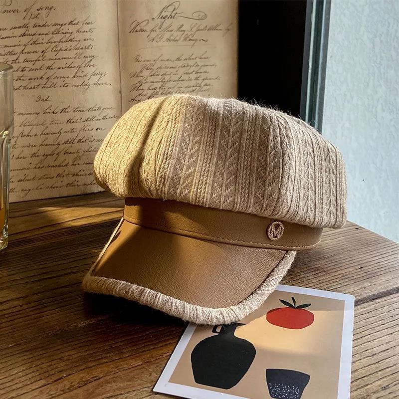 Beret Women's Autumn and Winter Pu Leather British Retro Letter Striped Octagonal Hat
