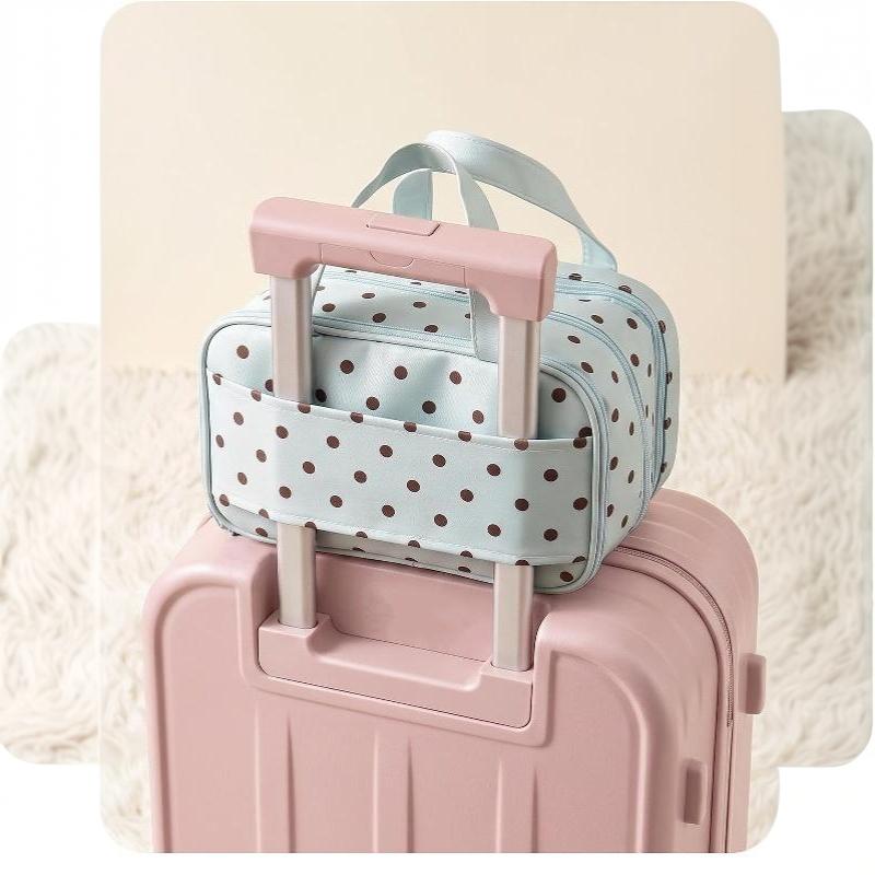 Polka Dot Cosmetic Bag Large Capacity Pu Waterproof Travel Toiletry Organizer Three-Layer Partition Travel Storage Bag