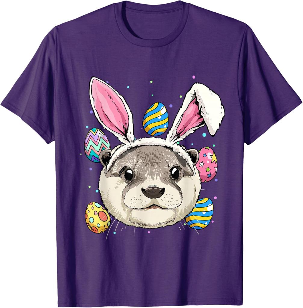 Otter Bunny Easter Eggs Graphic Tee Men Casual Vacation Trip Animal Lover T-Shirt