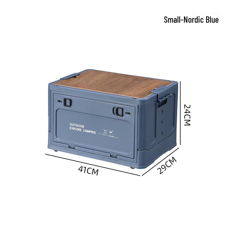 Portable Wheeled Camping Storage Box with Wooden Lid and Side-Opening Access