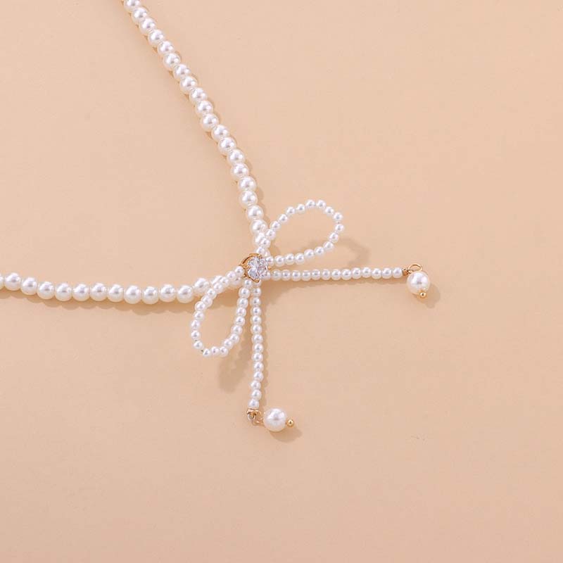 Vintage White Simulated Pearl Bowknot Pendant Necklace For Women Elegant Bow Beads Chain Choker Aesthetic Jewelry Gift