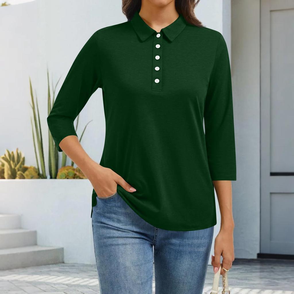Women's Fashion Casual Lapel Short 3/4 Sleeve Solid Color Shirt Women's Button Up Tops