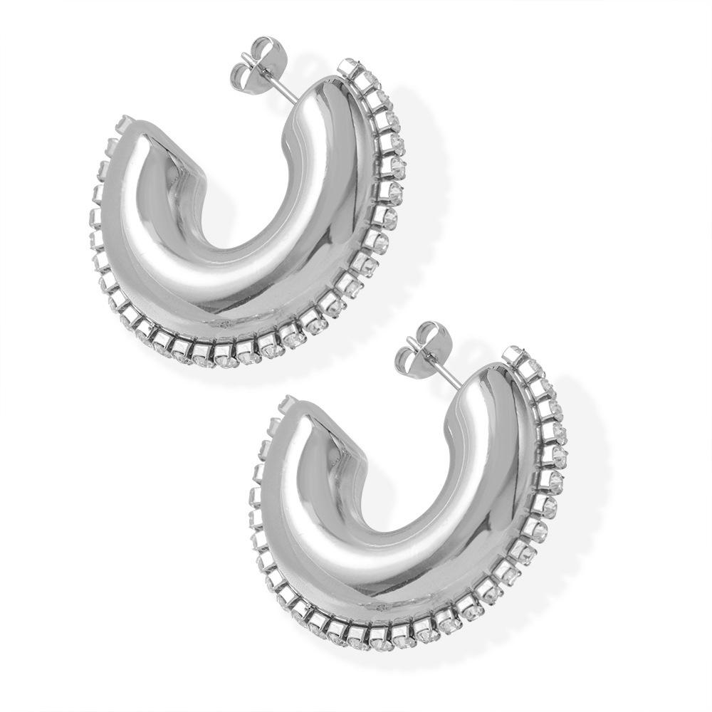Retro Hong Kong Style C-Shaped Rhinestone Stud Earrings, Gold-Plated Titanium Steel, for Women.