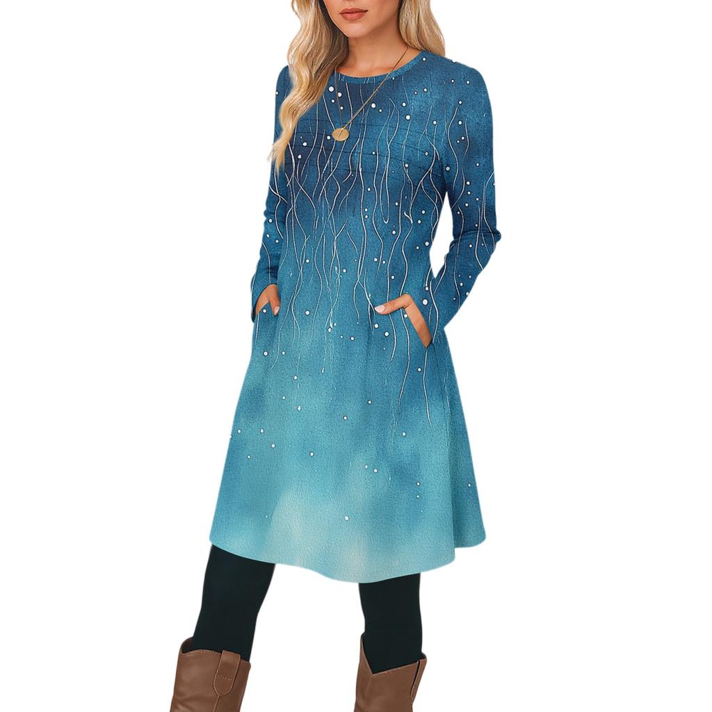 Women's Casual Fashion Long Sleeve Graphic Printed Vintage Dresses With Pockets