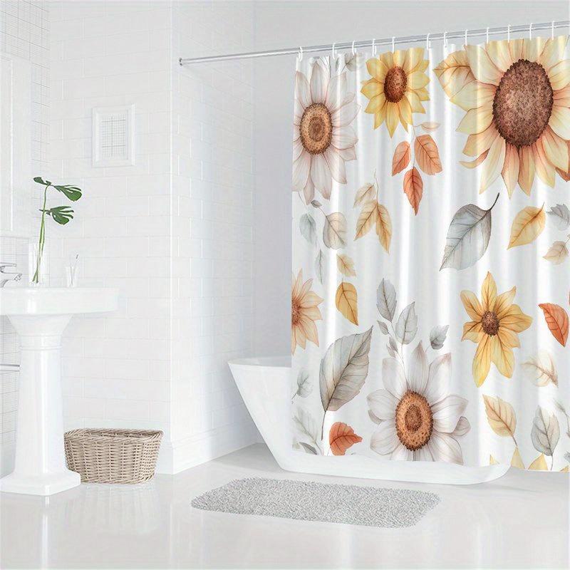 1Pc Autumn Sunflower And Leaves Shower Curtain - Polyester Fabric, Machine Washable, Suitable For Bathroom Decoration