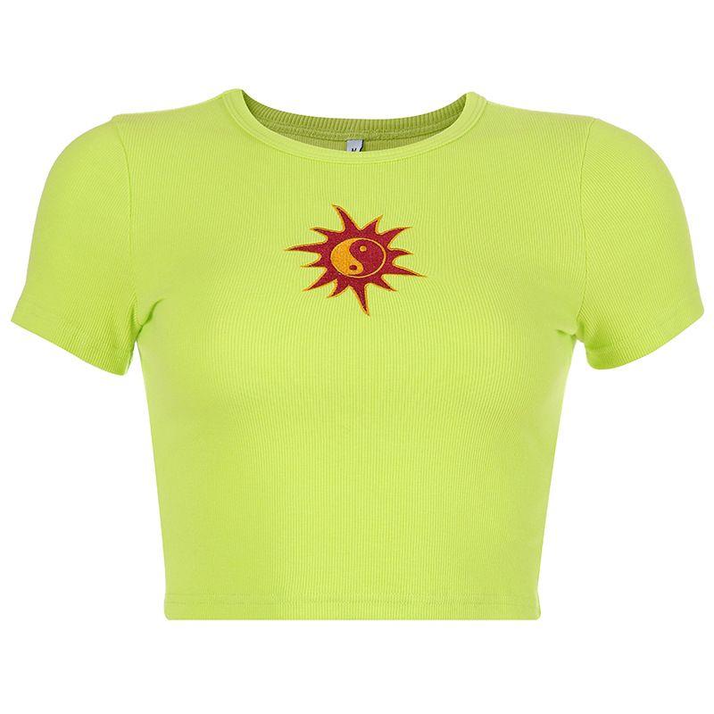 Fashion Crop Top Short Bottoming Shirt Embroider T-shirt Silm Thin Sweatshirt Slim Thin Sweater