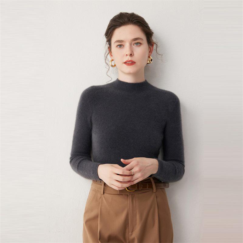 Pure Cashmere Ribbed Half-High Collar Knit Top
