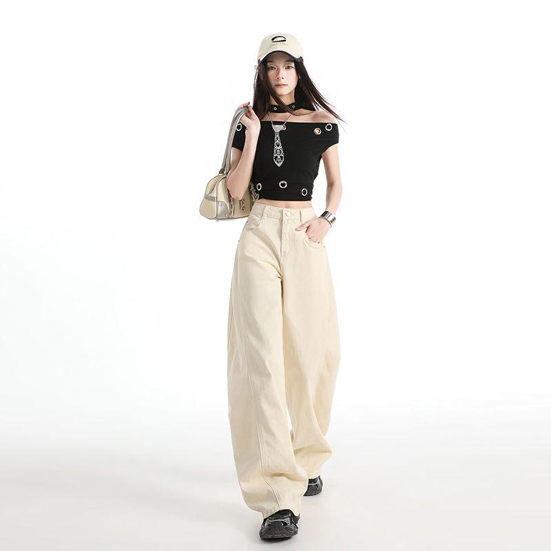 Spring Summer Light Apricot High Waist Design Relax Saber Cut Wide Leg Denim Pants For Ladies Casual Pants Oversize Denim Trousers