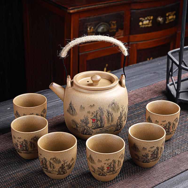 Hrubá keramika, Pálení palivového dříví, Konvice se zvedacím trámem, Konvice na čaj, Čajová sada, Japonská ručně vyráběná retro keramická velká nádoba, Velký šálek, Kompletní sada