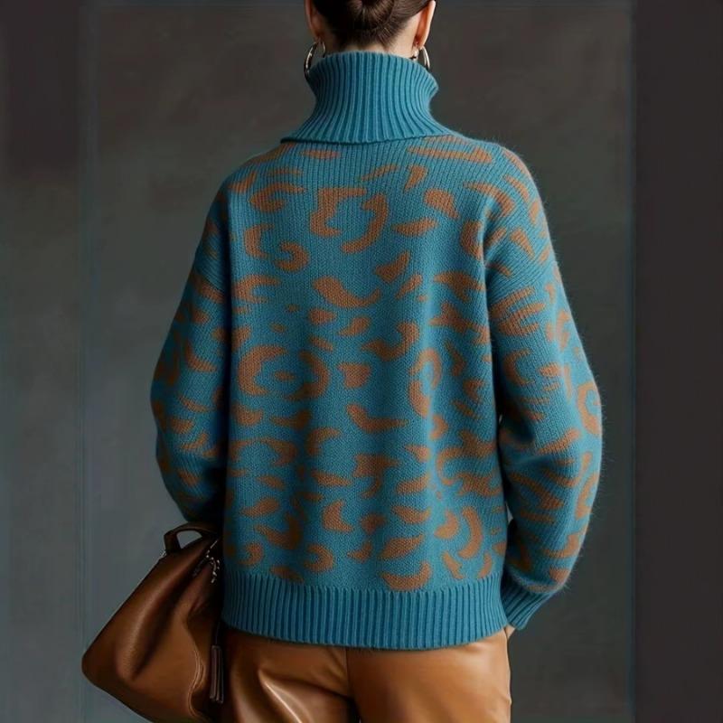 Women Loose Leopard Print Turn Down Collar Long Sleeve Pullover Knit Sweater