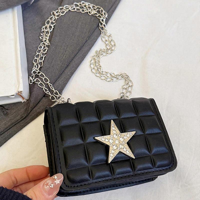 Women Small Square Bag Rhinestones Star Shoulder Bag Chain Bag Stylish Crossbody Bag PU Leather Dating for Work Silver