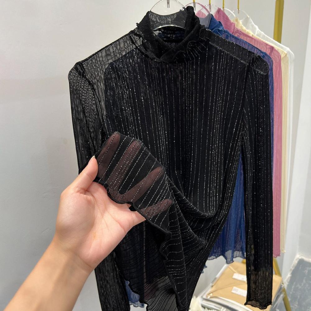 Women T-Shirt See Through Transparent Mesh Tops Long Sleeve Slim Ladies Turtleneck Silk Ruffled Edge T Shirt Lace Crop Top