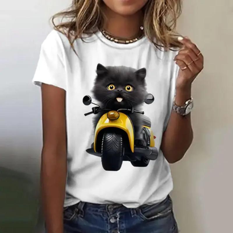 Women's summer short sleeved black cute cat printed T-shirt
