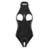 Womens Sexy Cutout Patent Leather Bodysuit Halter Neck Backless Crotchless One Piece Clubwear Bodysuit