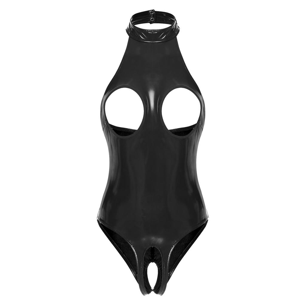 Womens Sexy Cutout Patent Leather Bodysuit Halter Neck Backless Crotchless One Piece Clubwear Bodysuit