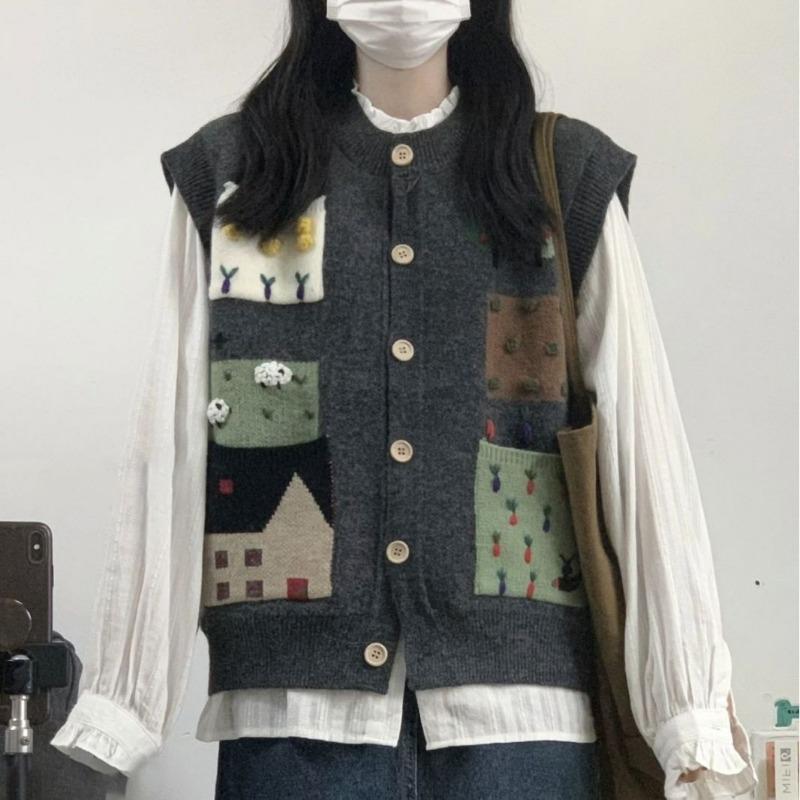 Autumn and Winter New Contrasting Color Retro Knitted Cardigan Vest Women's Loose Lazy Style Cartoon Sweater Jacket Top