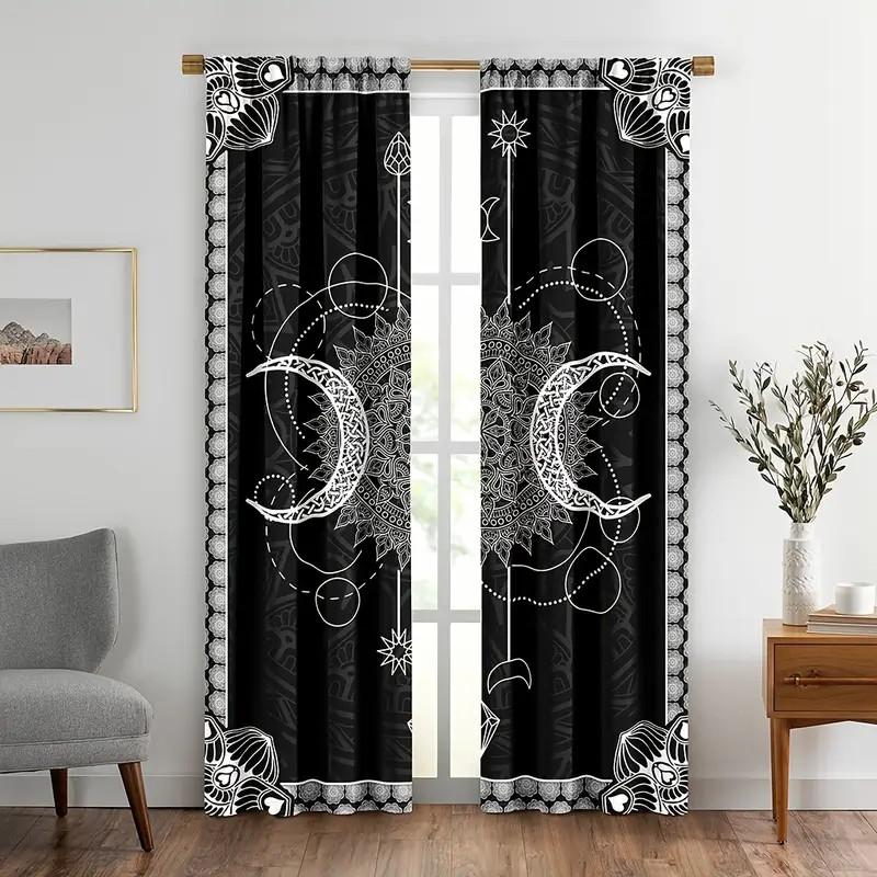 JIT 2pcs Mystical Crescent Moon Print Curtains   Room Darkening Polyester Rod Pocket Drapes   Bohemian Home Decor Window Treatment