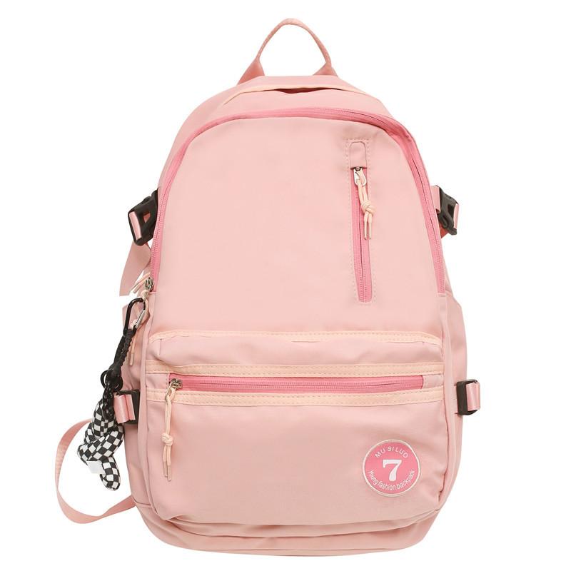 

Simple solid color backpack, new large-capacity casual nylon backpack, Korean version of middle school student schoolbag for women Without pendant розовый