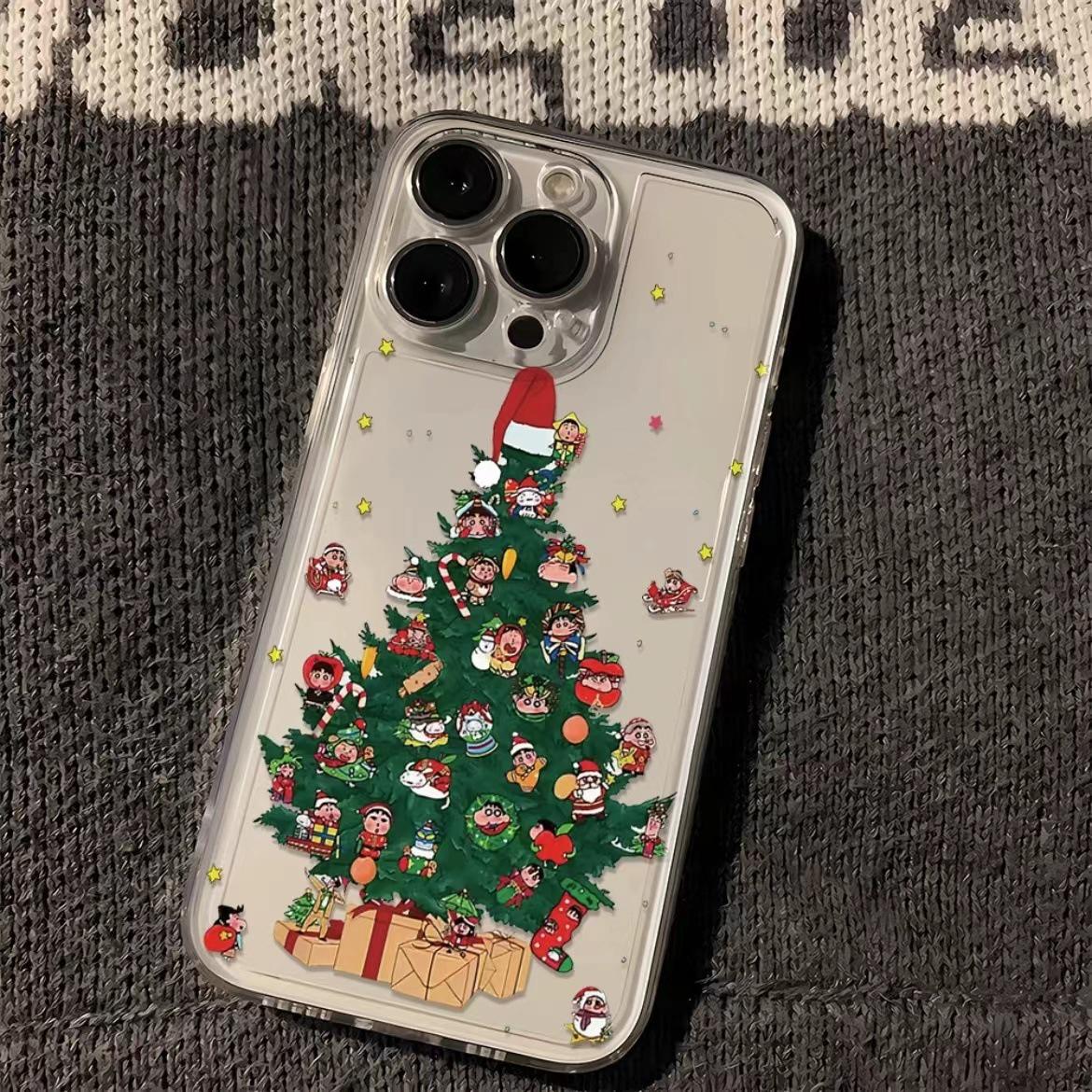 

Crayon Shin-chan Christmas Tree Phone Case for Apple 16/14 Pro Max, 12/11 Pro, XR/XS, and 7P - Transparent and Soft 13 mini