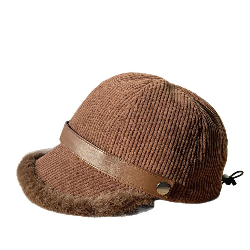 Korean-style Corduroy Duckbill Cap for Women, Thickened for Warmth In Winter, Wide Brim, Windproof for Cycling, Versatile and Adjustable, Trendy Hat