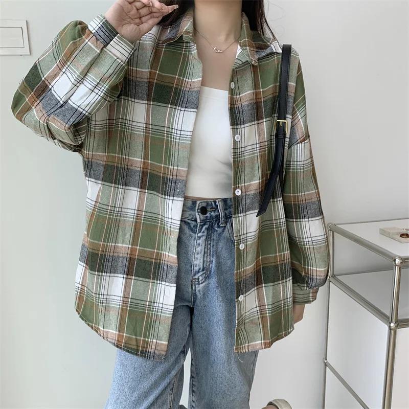 Plaid Shirt Women Autumn Long Sleeve Top Female Vintage Fashion Single Breasted Blouse Ladies Preppy Style Loose Check Shirts