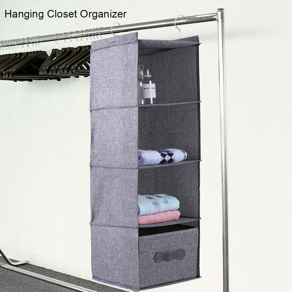 Hanging Closet Organizer Clothes Clothing Storage Holder 4 Shelves with Drawer (Gray)