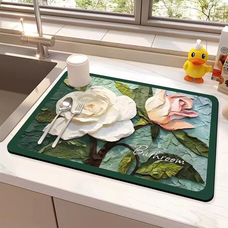 Oil Painting Style Floral Water-Absorbent, Stain-Resistant Kitchen Mat – Heat Insulation, Wear-Resistant, Easy-Clean Draining Mat