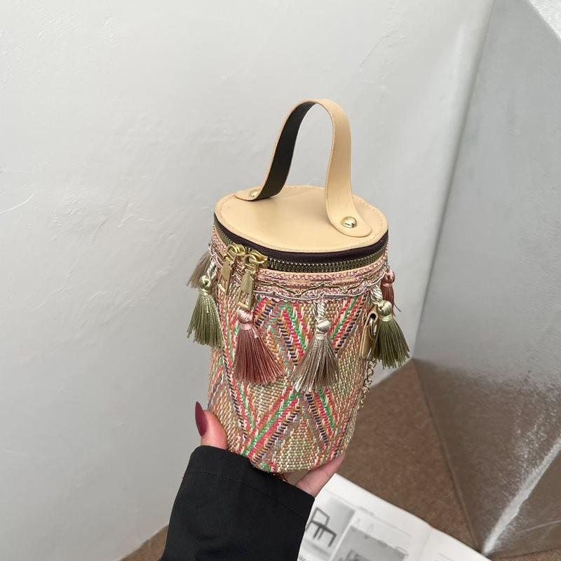 Stylish Round Box Bag For Women In Ethnic Design Soft Weave With Tassel Detail