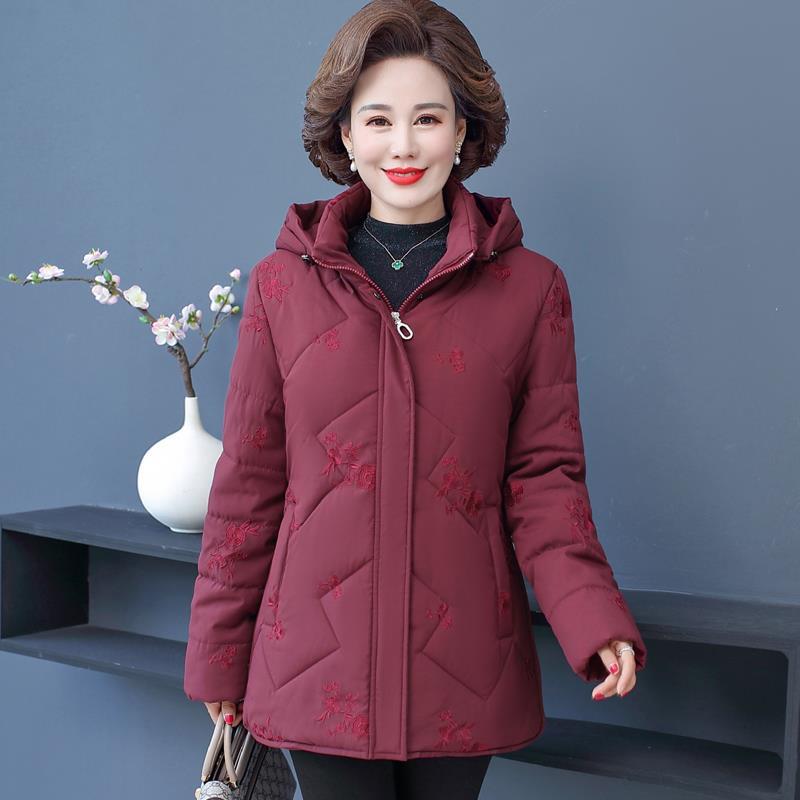 Mom Winter Down Padded Jacket Overcoat Fashion Loose Hooded Warm Parka Women Thicke Embroidered Cotton Jacket