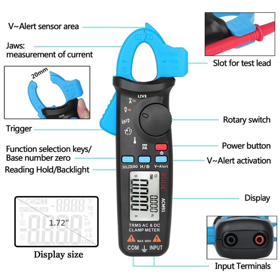 Mini Pinze Amperometriche Digitali Serie ACM True RMS Corrente CC CA Tensione Ohm Temperatura Capacità Hz Tester NCV Amperometro Multimetro