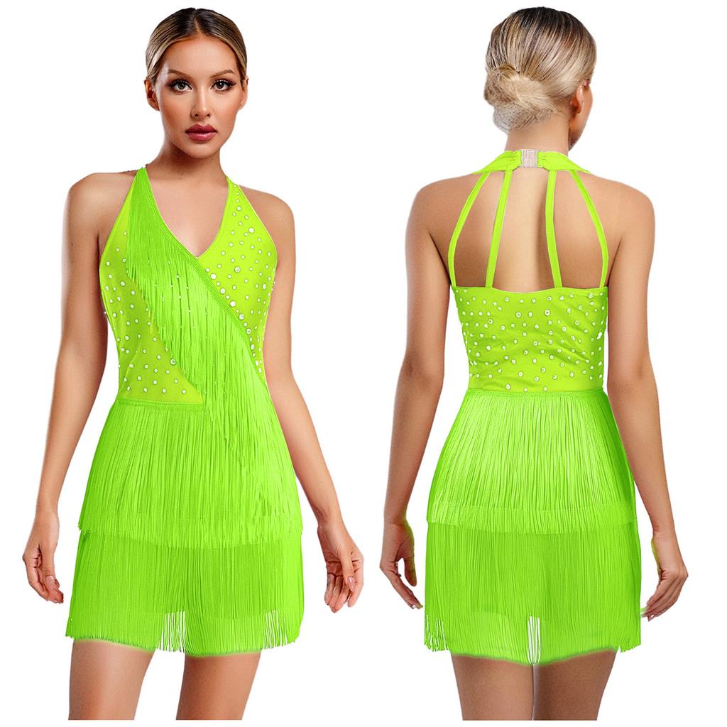 S-3XL Dámský výkonnostní leotard s halterovým výstřihem, třásněmi na zádech a třpytivými kamínky pro kostým na tango, salsu, jazzový tanec