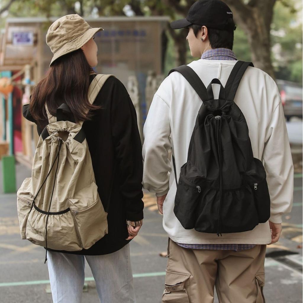Casual Backpack Harajuku Solid Color Pleated Drawstring Waterproof Men'S And Women'S Mountaineering Travel Lightweight And Simple Niche