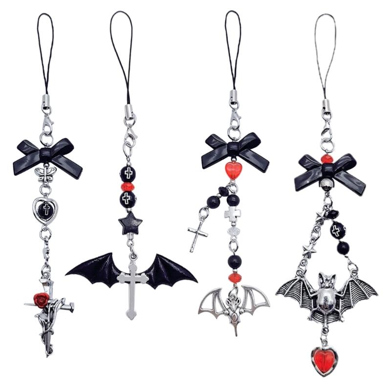 Halloween Gothic Punk Bat Phone Charm for Women Men Cross Pendant Mobile Phone Chain Y2K Bowknot Heart Lanyard Keychain