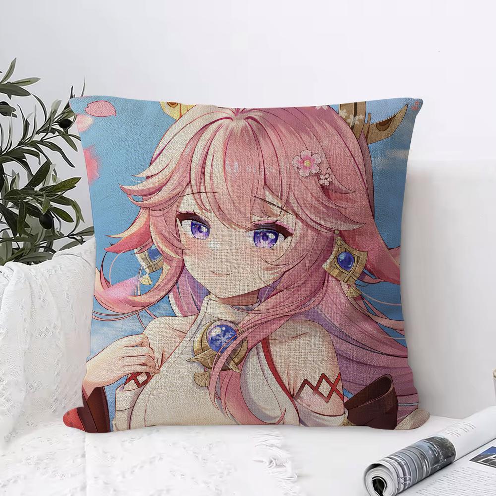 Genshin Impact Yae Miko Cushion Cover Eco Linen Pillow Case DoubleSided Print Breathable Durable Zipper Home Decor Gift