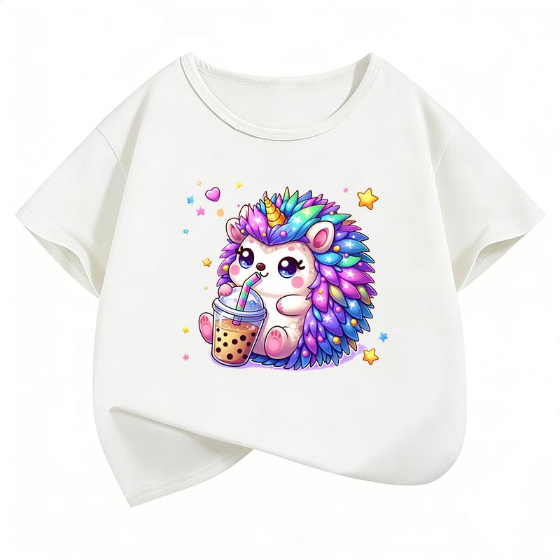 Funny Colorful Hedgehog T-Shirt Printed T Shirt Girls' Summer Clothes Short Sleeve Tops T-Shirts Cute Kids Clothing