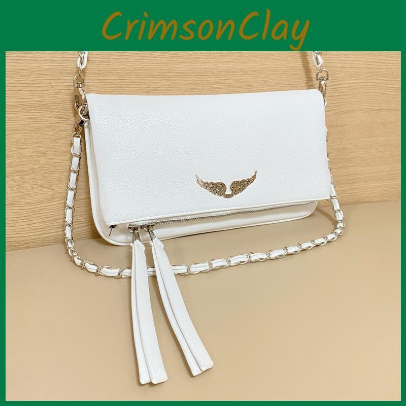 Simple Solid Color Gold Wing Decoration Women Casual Shoulder Bag Tassels With