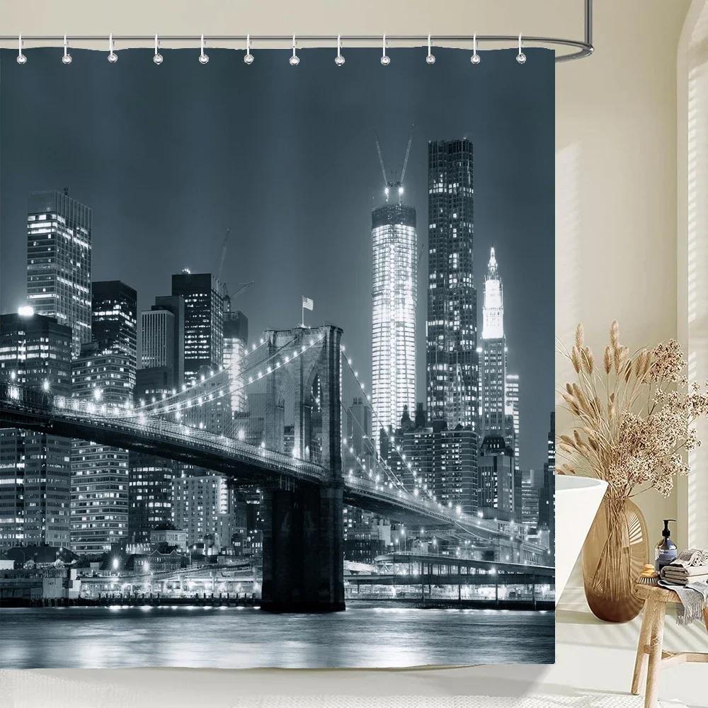 

New York Night Landscape Shower Curtain City Bridge Building Bath Curtains 3D Retro Black White Photo Bathroom Decors Curtain 90x180cm