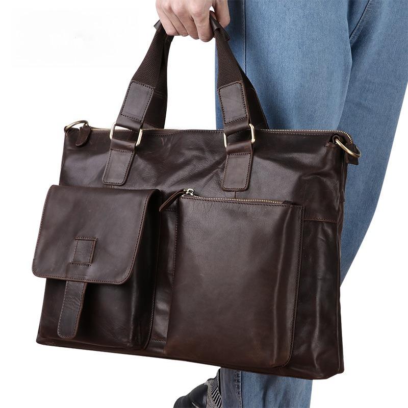Men's Genuine Leather Business Briefcase 17-Inch Laptop Bag Horiztal Shoulder Cowhide Top Layer