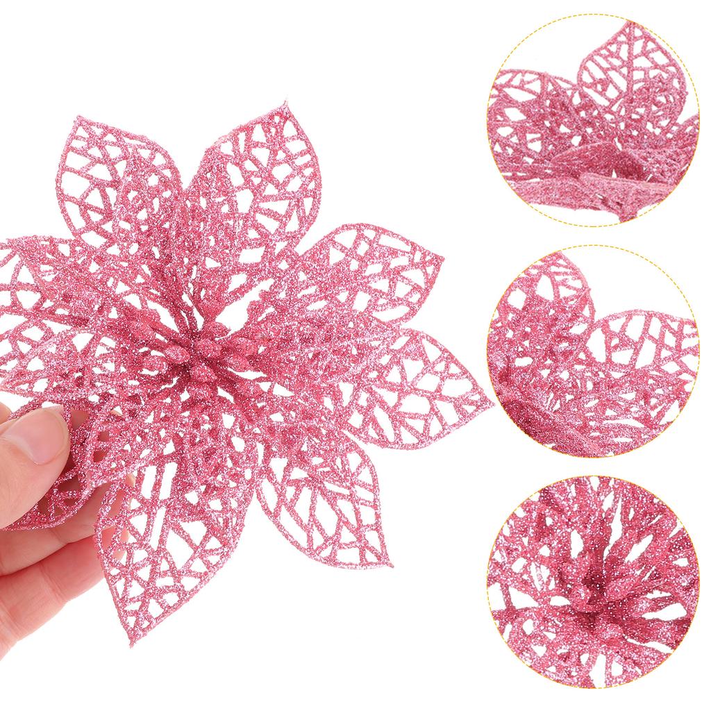 10pcs Christmas Glitter Poinsettia Flowers Tree naments Flower Artificial Decoration Tree nament Xmas Party Supplies