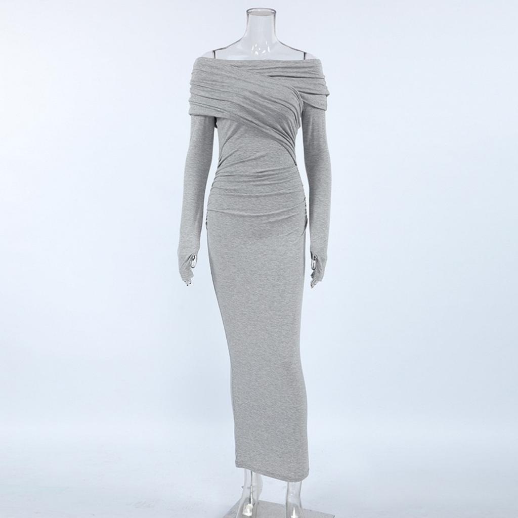 LYRIA Elegant Fashion Sexy Maxi Dresses Streetwear Off Shoulder Casual  Long Sleeve Slim Bodycon Party Vestidos Robes Female