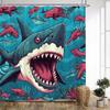 1Pc Shark Bath Curtain Playful Cartoon Style With Big Tooth Predator Pink Eyes Small Red Fish Coral Reefs Underwater Ocean Scene