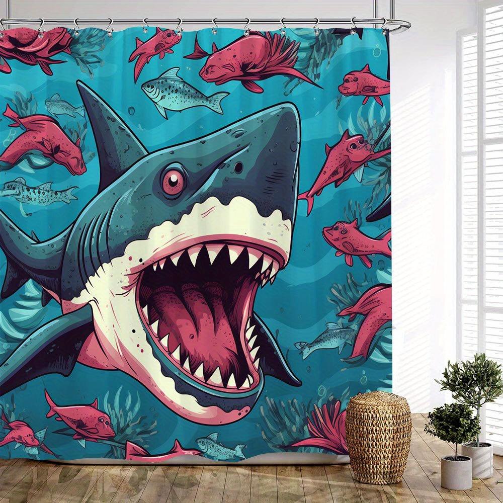 1Pc Shark Bath Curtain Playful Cartoon Style With Big Tooth Predator Pink Eyes Small Red Fish Coral Reefs Underwater Ocean Scene