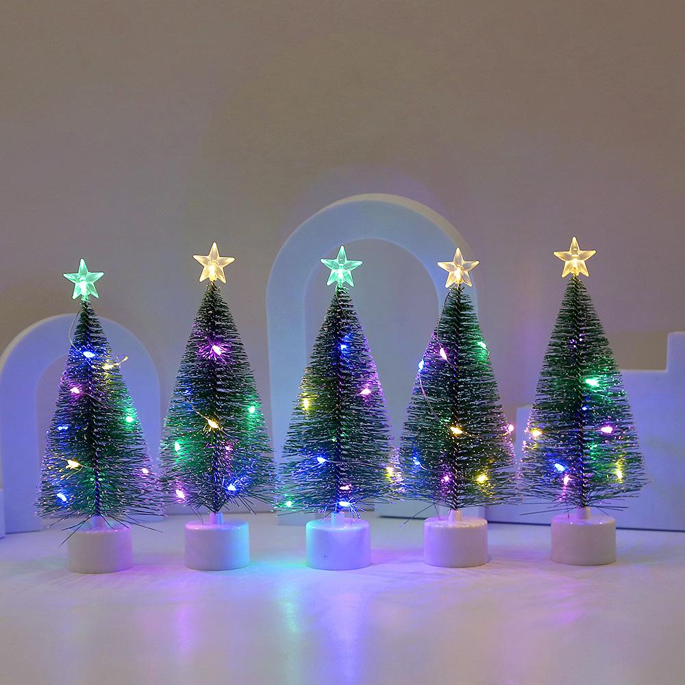 Mini Christmas Trees with LED Light Decor Tabletop Crafting DIY Christmas Gift Green Brush Trees Plastic Winter Snow Ornaments