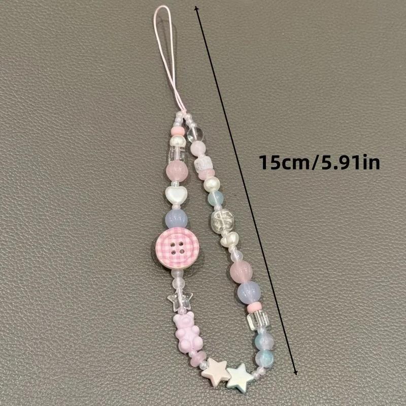 3D Button Beaded Phone Chain Charm Lanyard Korean Sweet Cute Aesthetic Decor Strap for Backpack Key Student Daily Use